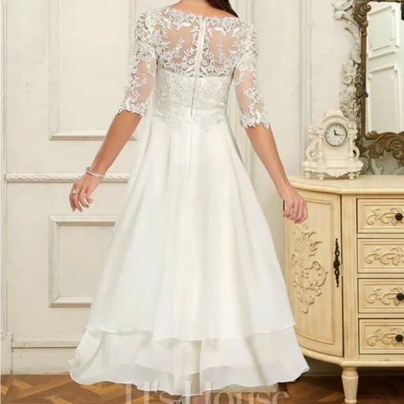 NWT A-line V-Neck Asymmetrical Lace Chiffon Wedding Dress With Ruffle - Picture 3 of 6